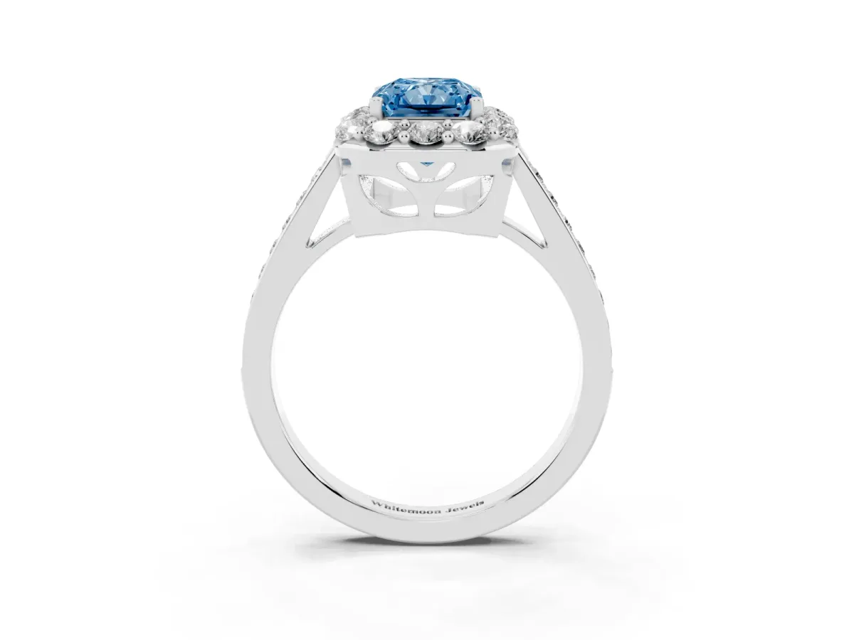 Fancy Blue Radiant Cut Diamond Floral Halo Ring with Pavé Band and Prong Setting White gold