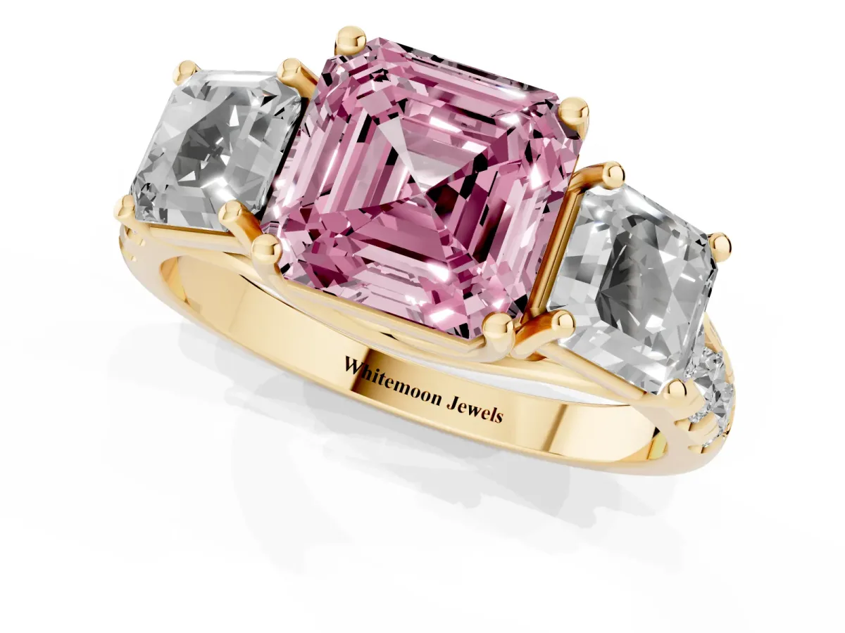 Fancy Pink Three-Stone Asscher Cut Diamond Pavé Band with Prong Setting Yellow gold