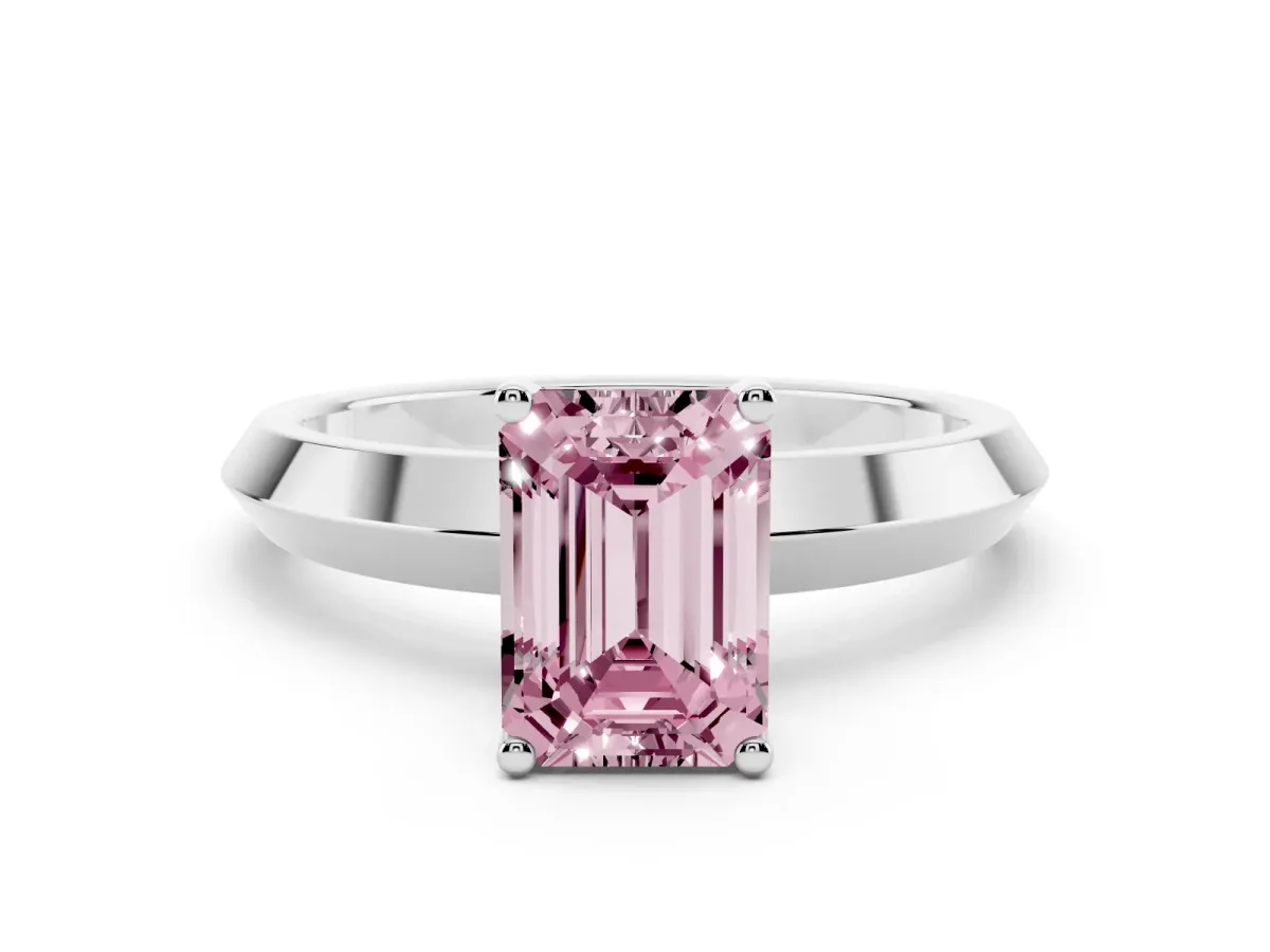 Fancy Pink Emerald Cut Cut Solitaire Engagement Ring with Flat Band and Four-Prong Setting Platinum