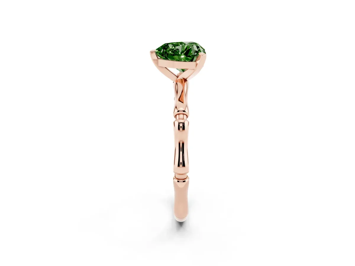 Fancy Green Heart Cut Solitaire Diamond Ring with Bamboo Band and Four-Prong Setting Rose gold