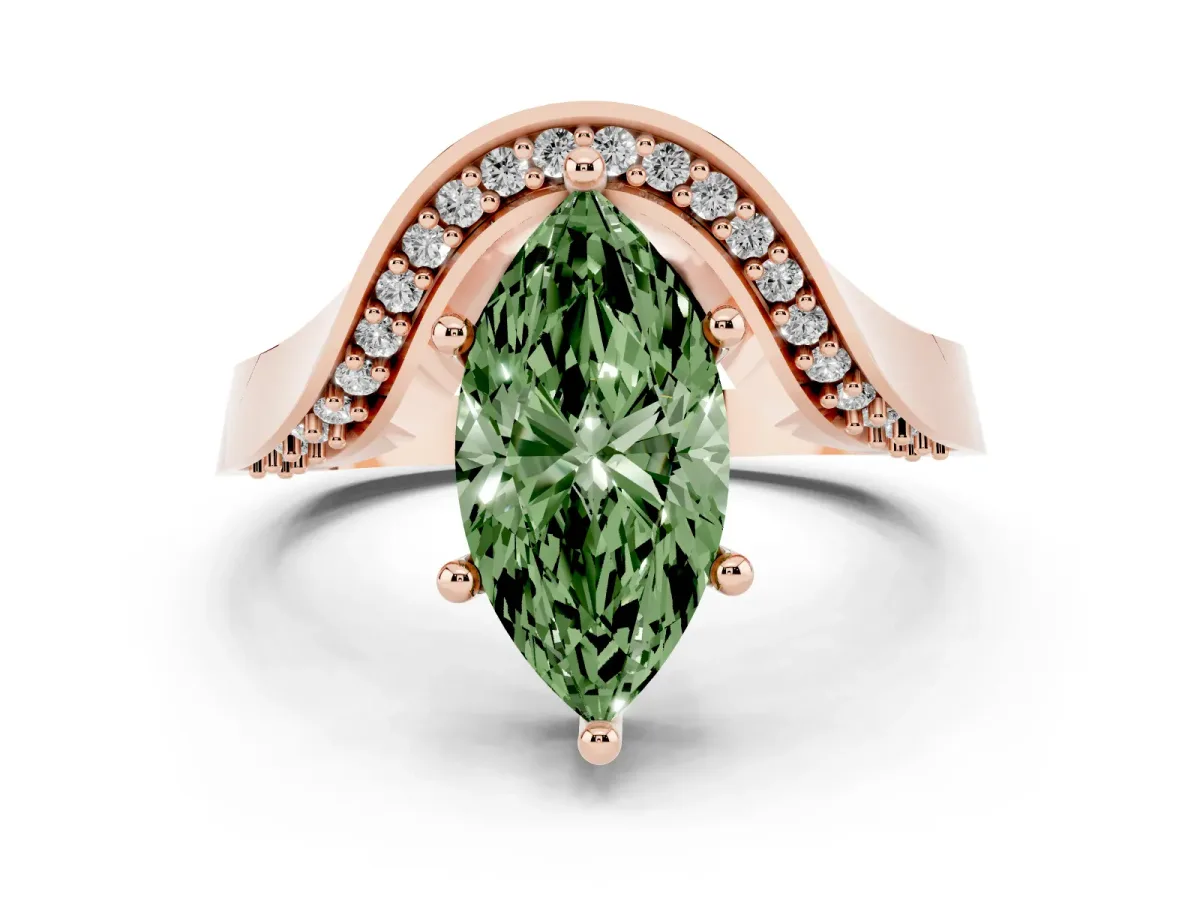 Fancy Green Marquise Cut Solitaire Diamond Engagement Ring with Pave Band and Four-Prong Setting Rose gold