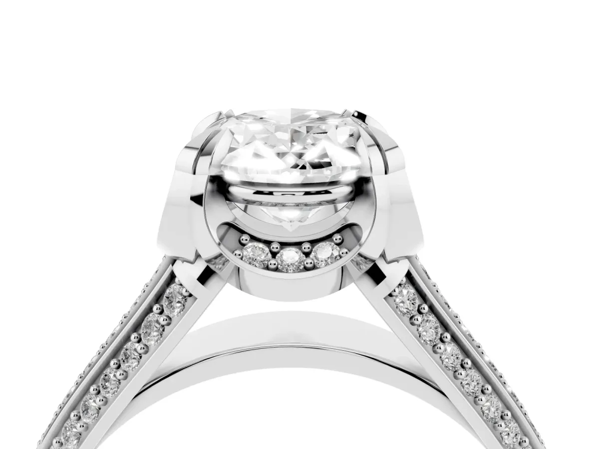 Oval Cut Solitaire Pave Split Shank Ring with Four-Prong Setting Platinum