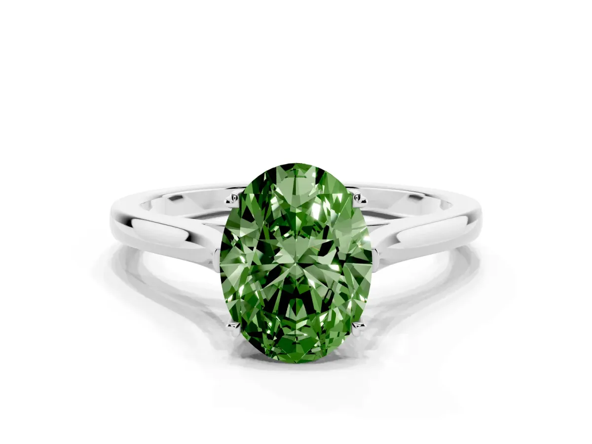 Fancy Green Oval Cut Solitaire Heart Prong Engagement Ring with Tapered Band White gold
