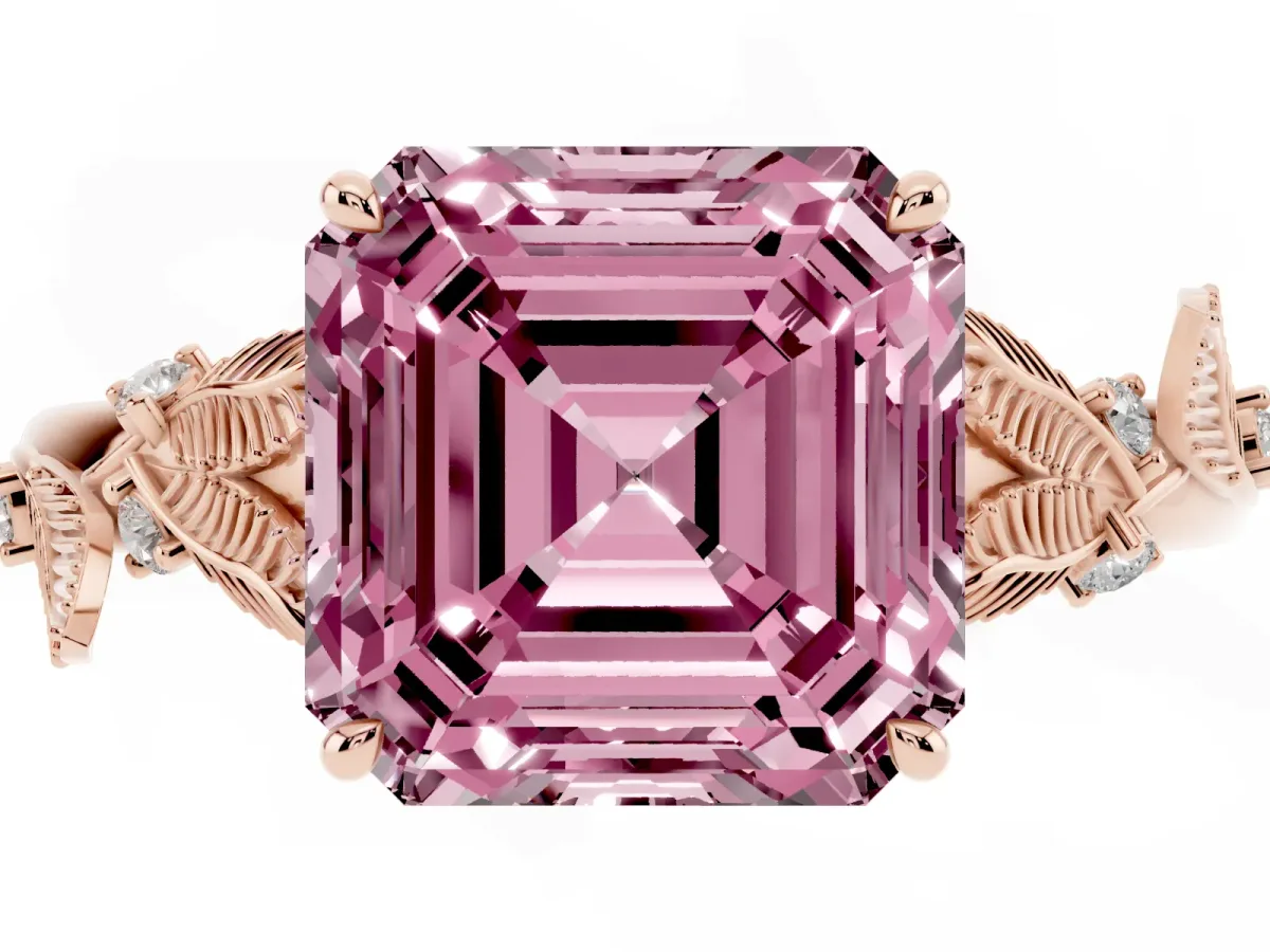 Fancy Pink Asscher Cut Diamond Solitaire Ring with Leaf Motif Band and Four-Prong Setting Rose gold