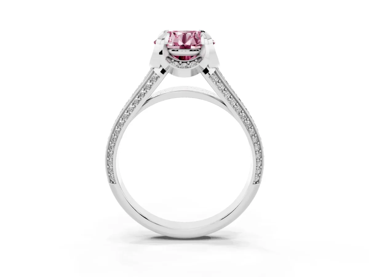 Fancy Pink Round Cut Solitaire Pave Split Shank Ring with Four-Prong Setting Platinum