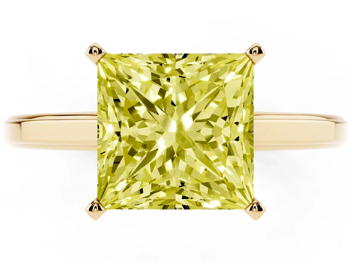 Fancy Yellow Princess Cut Solitaire Diamond Ring with Four-Prong Setting and Classic Band Yellow gold