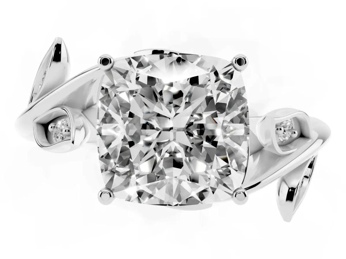Cushion Cut Solitaire Twist Engagement Ring with Leaf Accents and Prong Setting Silver