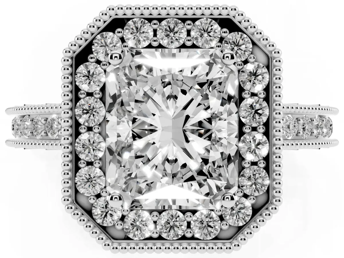 Radiant Cut Diamond Milgrain Halo Engagement Ring with Round Pavé Band and Prong Setting White gold
