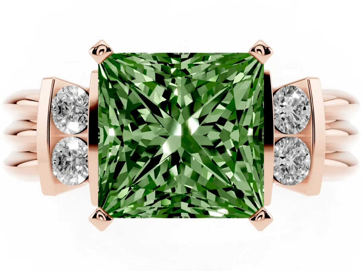 Fancy Green Princess Cut Cut Three-Stone Channel Set Ring with Bar Prongs Rose gold