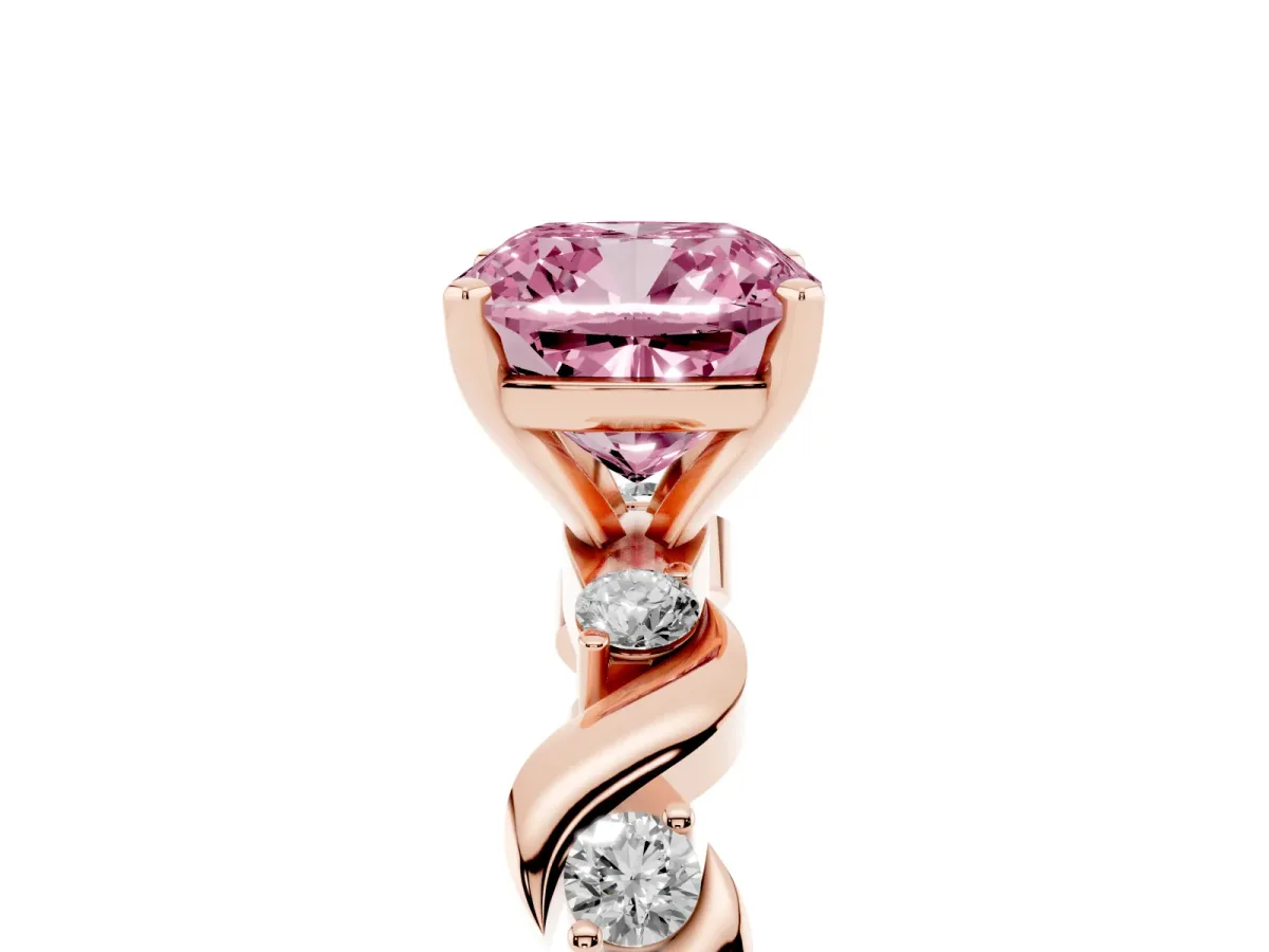 Fancy Pink Cushion Cut Diamond Solitaire Twisted Band with Round Accents and Prong Setting Rose gold