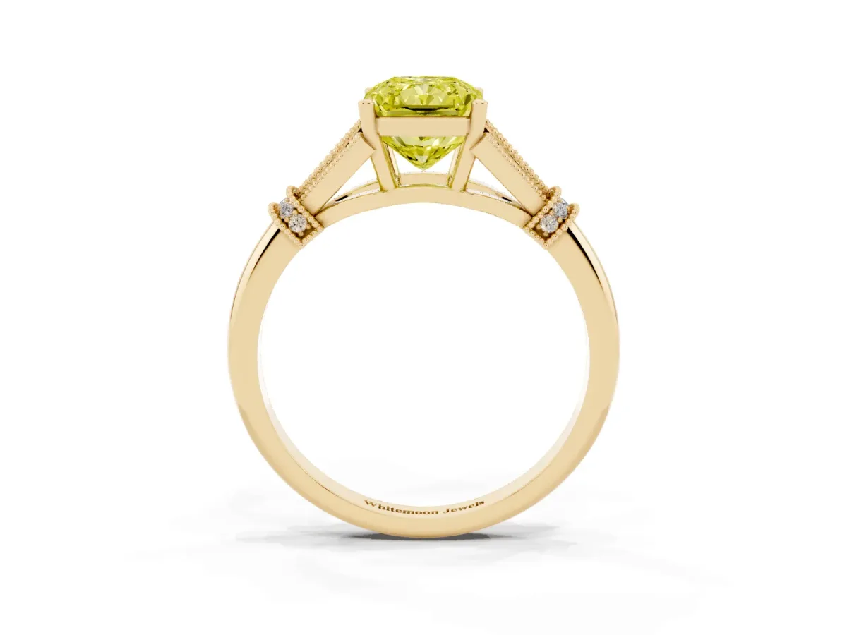 Fancy Yellow Radiant Cut Diamond Solitaire Ring with Floral Filigree and Pave Accents Yellow gold