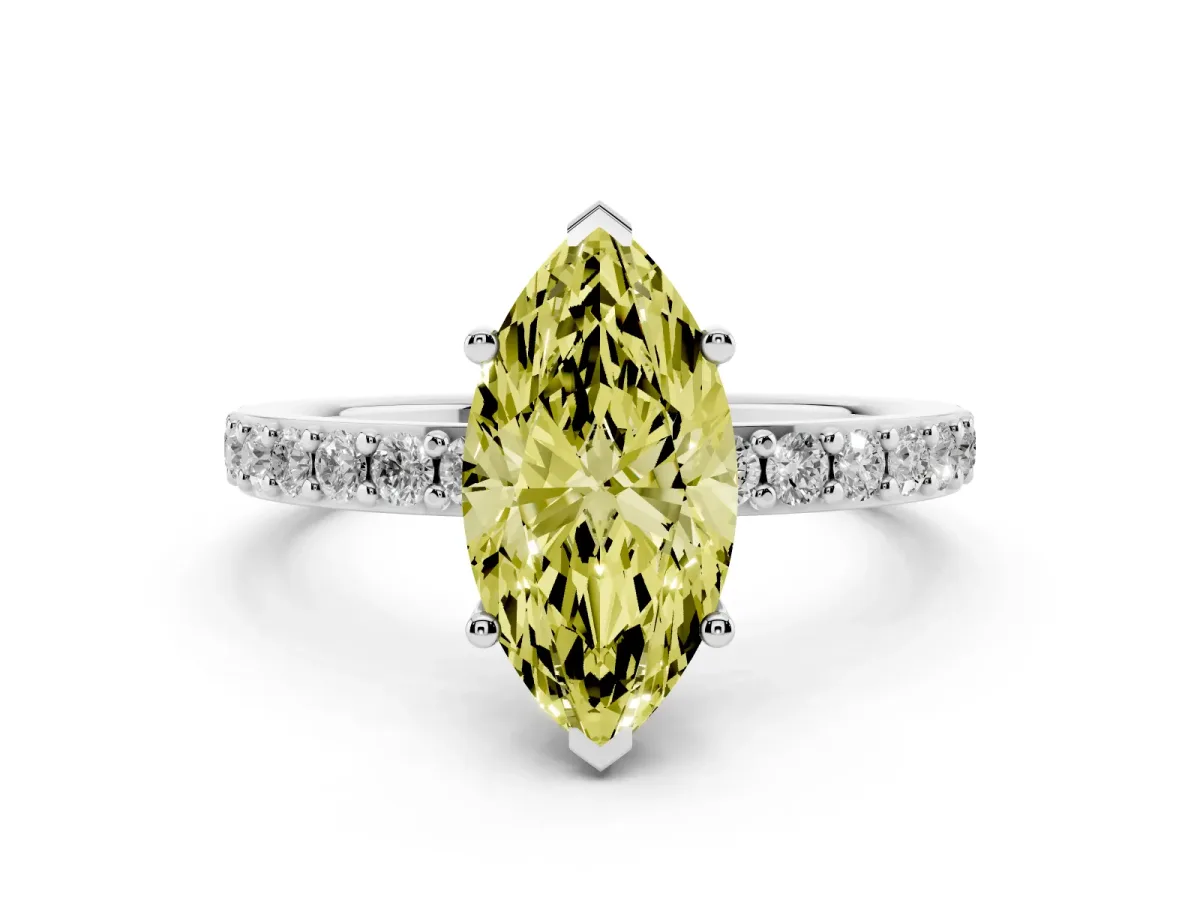 Fancy Yellow Marquise Cut Cut Diamond Solitaire with Pave Band and Four-Prong Setting Silver