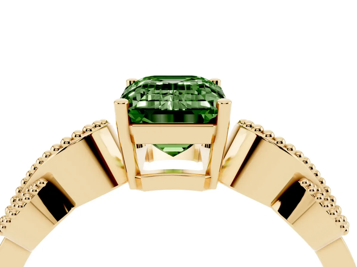 Fancy Green Emerald Cut Solitaire Milgrain Leaf Band with Prong Setting Yellow gold