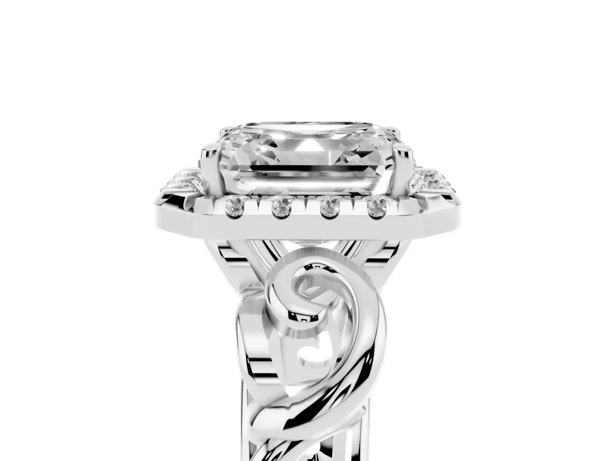 Asscher Cut Cut Halo Diamond Ring with Scrollwork Band and Four-Prong Setting Silver