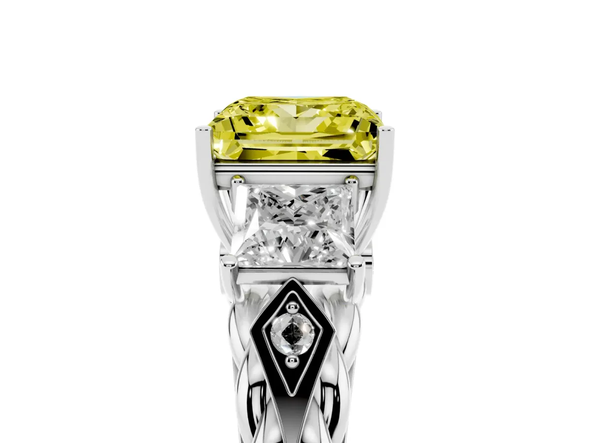 Fancy Yellow Three-Stone Princess Cut Diamond Braided Band Ring with Four-Prong Setting Silver