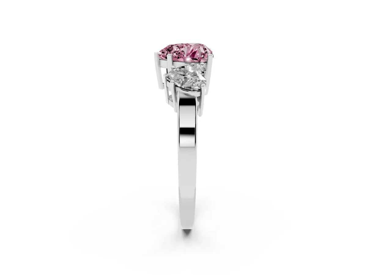 Fancy Pink Three-Stone Heart Cut Cut Diamond Engagement Ring with Flat Band and Four-Prong Setting Silver