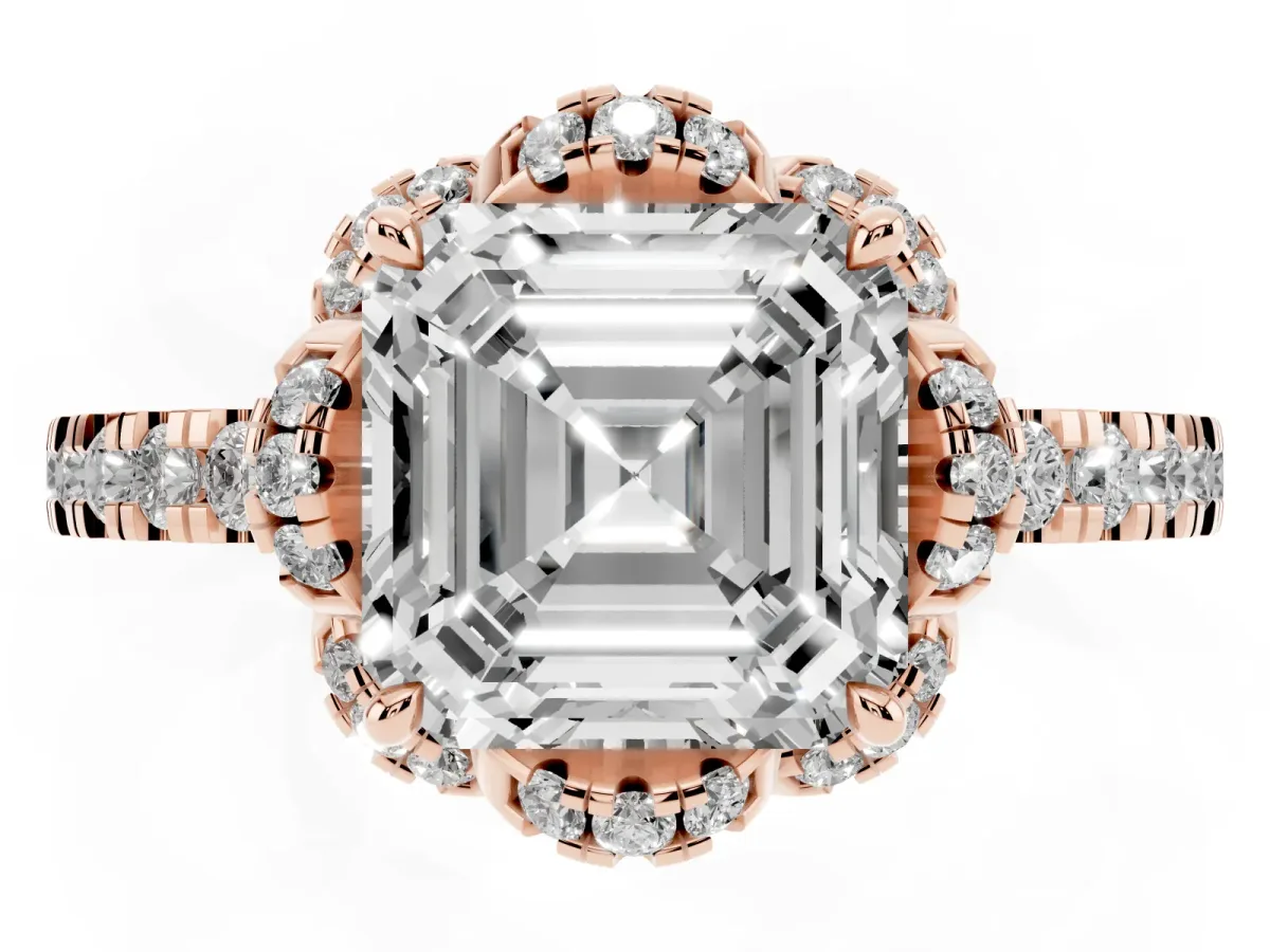 Asscher Cut Halo Diamond Pave Band Ring with Four-Prong Setting Rose gold