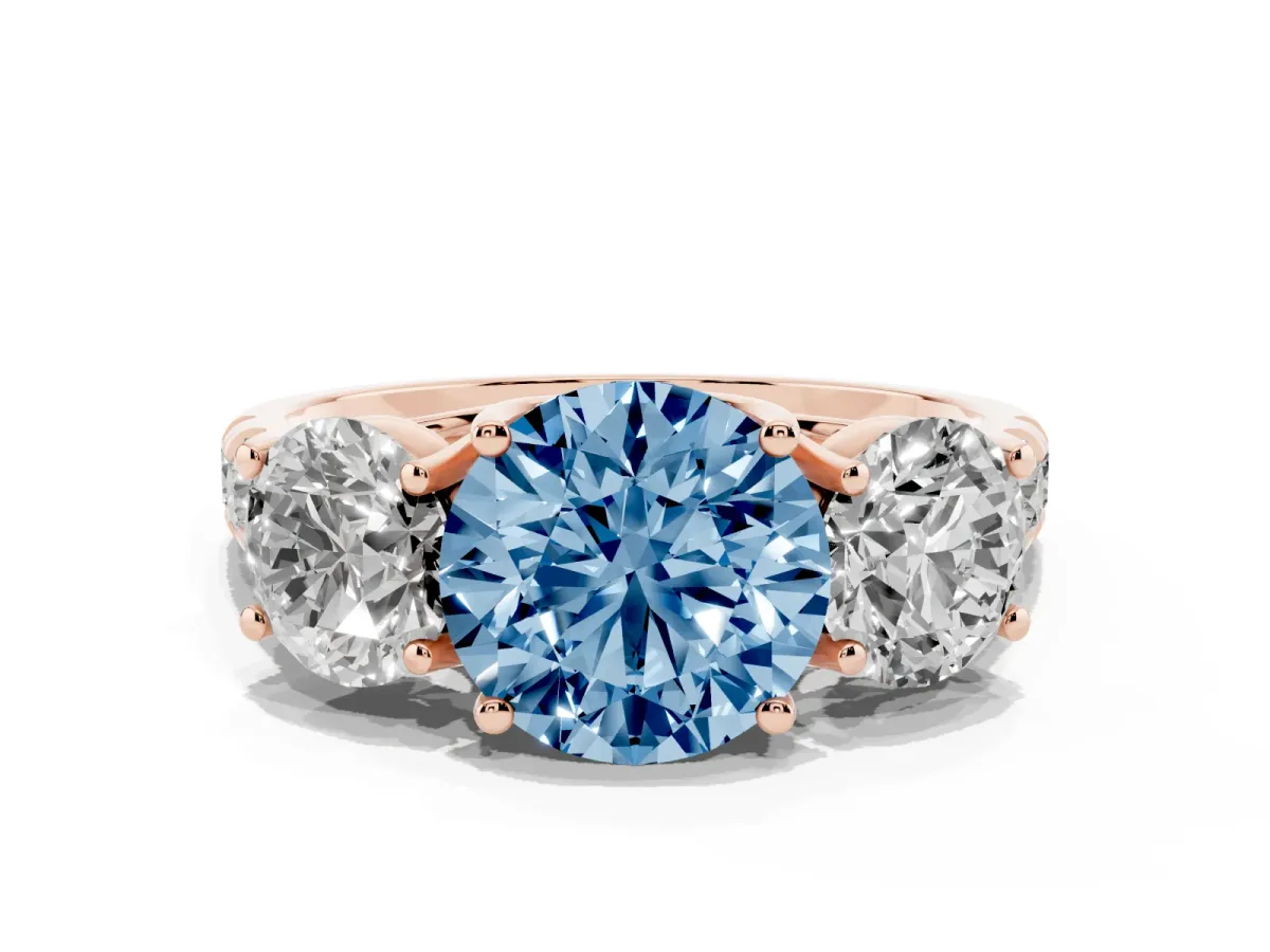 Fancy Blue Three-Stone Round Cut Diamond Pavé Band with Prong Setting Rose gold