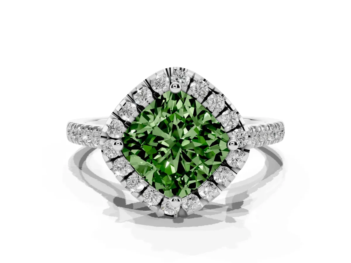 Fancy Green Cushion Cut Diamond Cushion Halo Ring with Pavé Band Silver