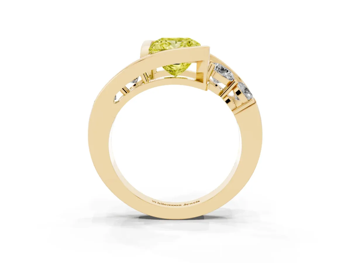 Fancy Yellow Bezel Set Princess Cut Diamond Bypass Ring with Round Accents Yellow gold