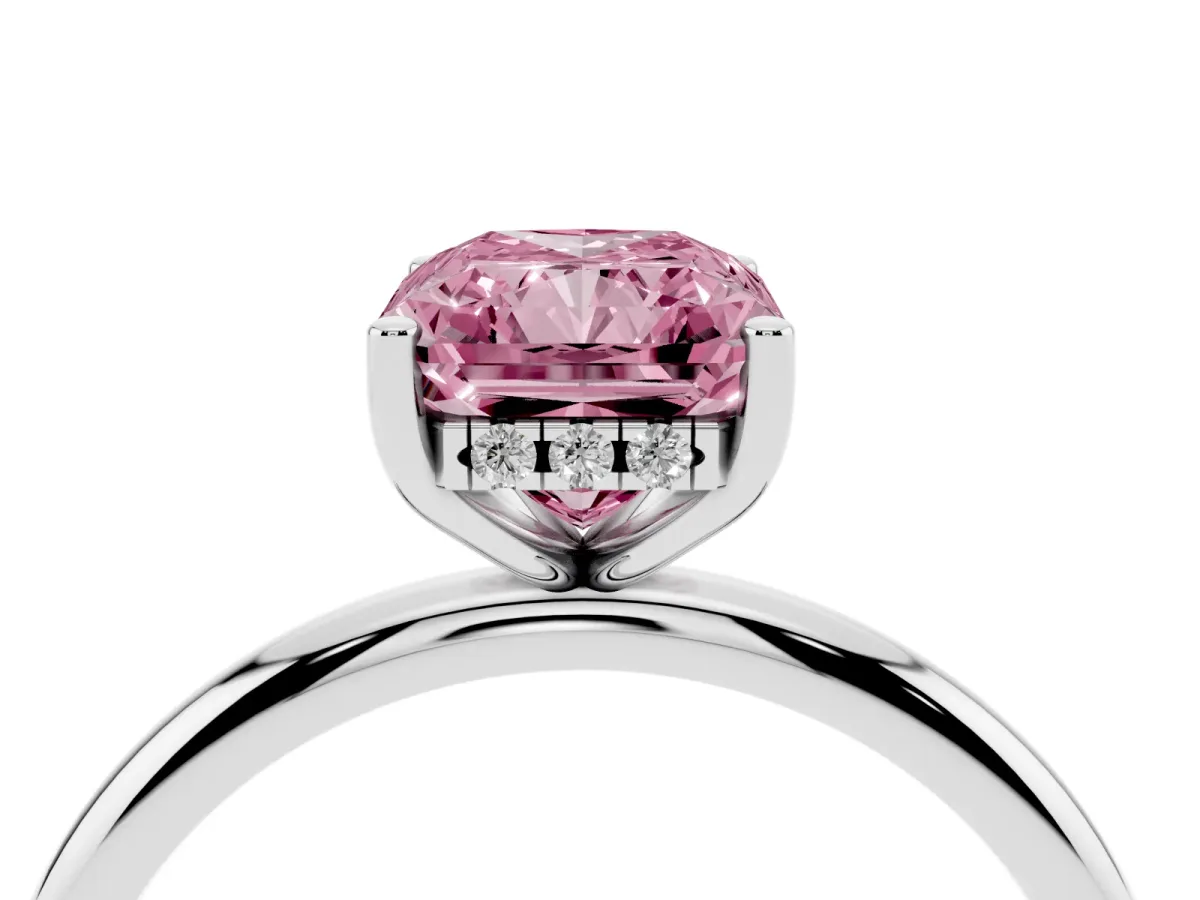 Fancy Pink Radiant Cut Cut Solitaire Engagement Ring with Four-Prong Setting and Classic Band Silver