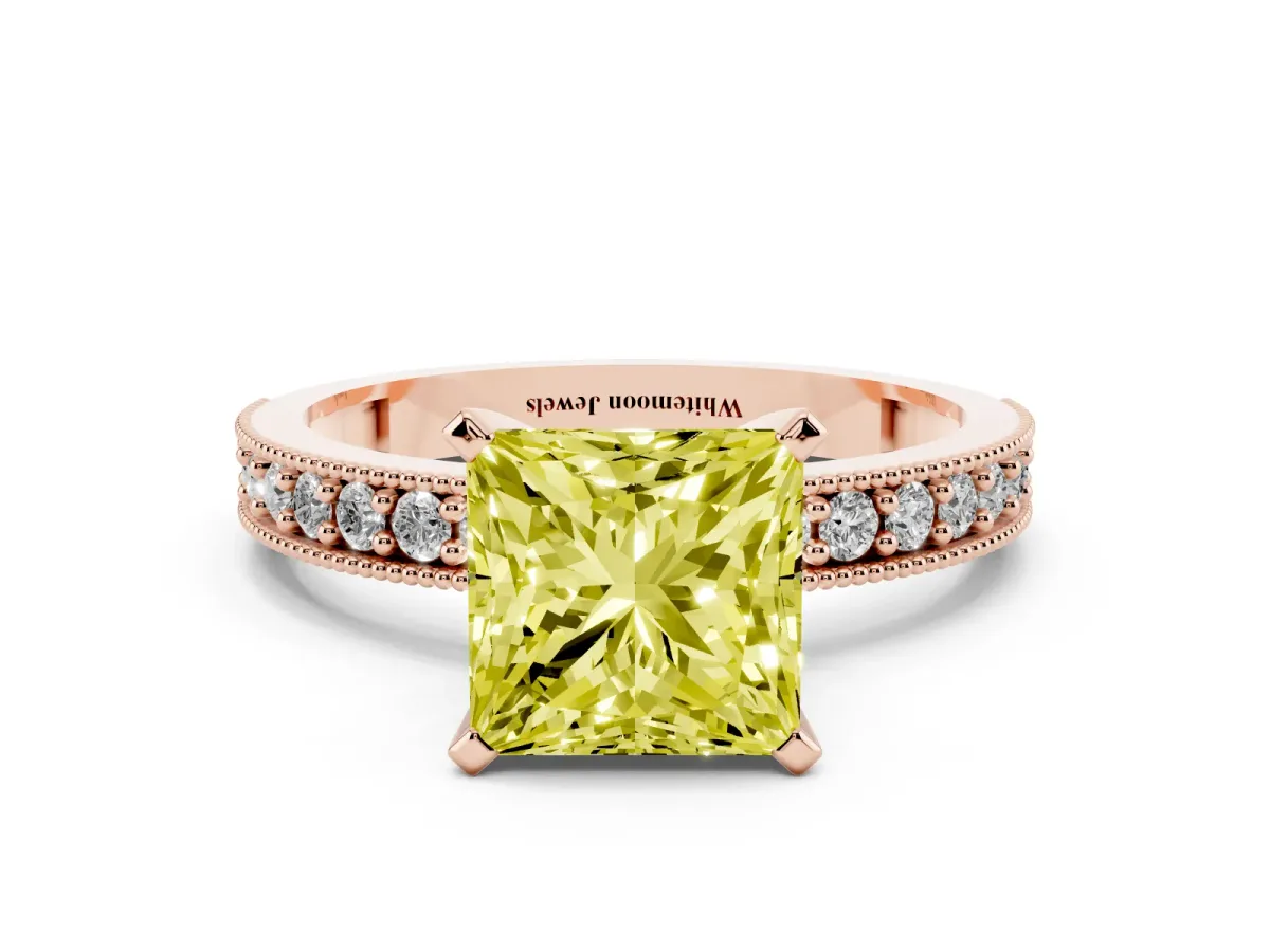 Fancy Yellow Princess Cut Diamond Milgrain Pavé Engagement Ring with Four-Prong Setting Rose gold