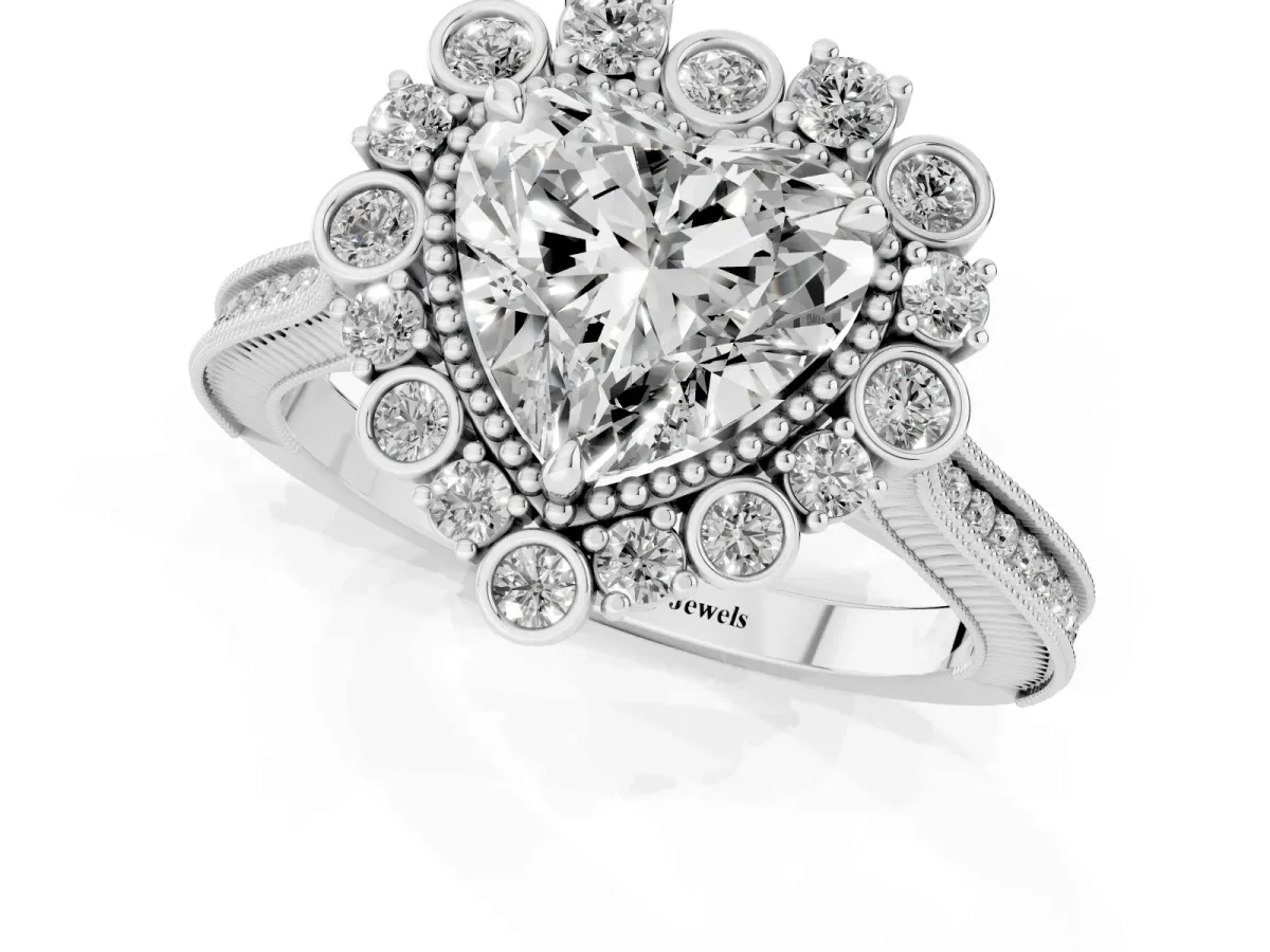 Heart Cut Halo Milgrain Pave Diamond Ring with Four-Prong Setting Silver