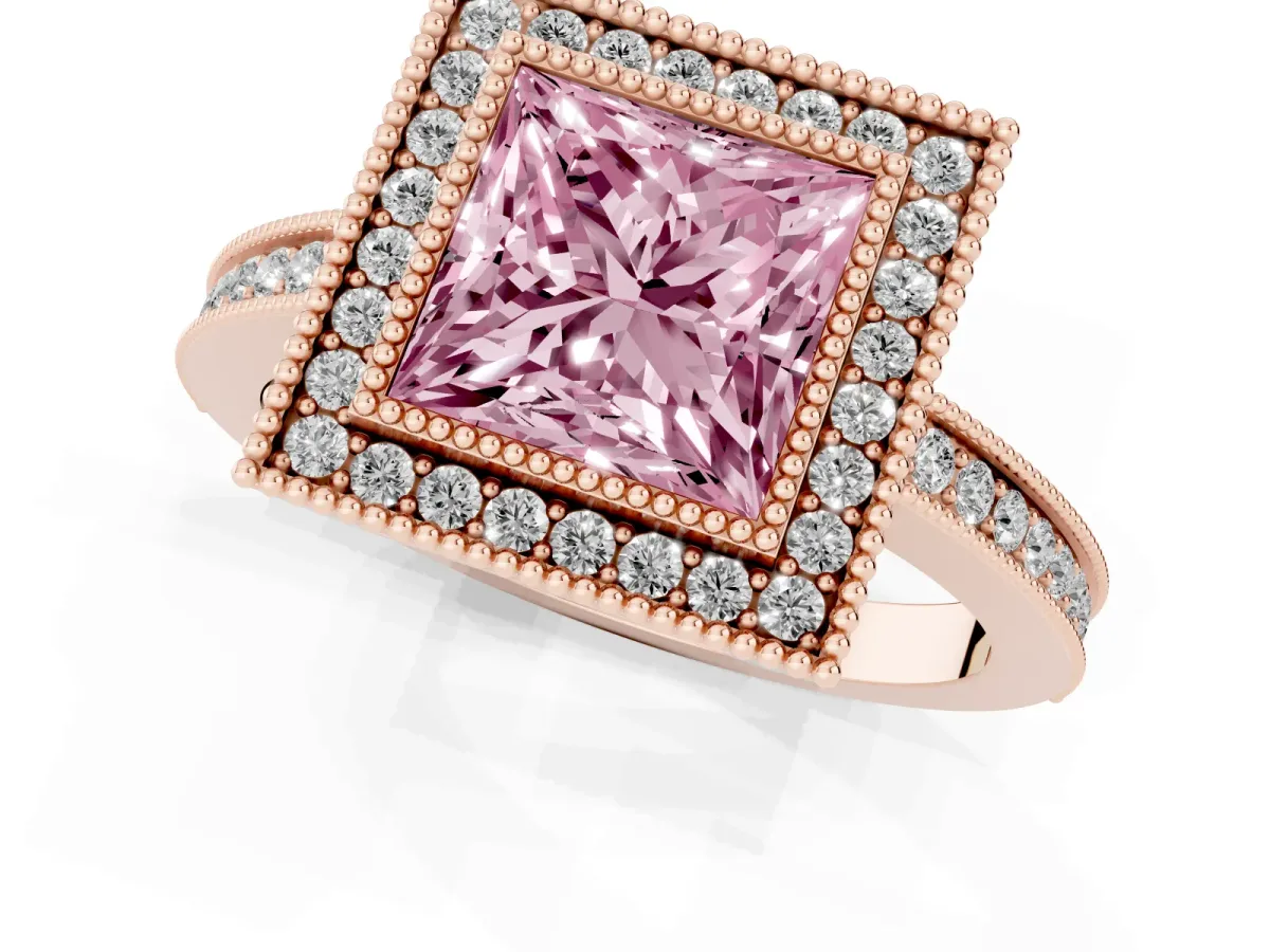 Fancy Pink Princess Cut Cut Halo Diamond Ring with Pavé Band and Milgrain Prong Setting Rose gold