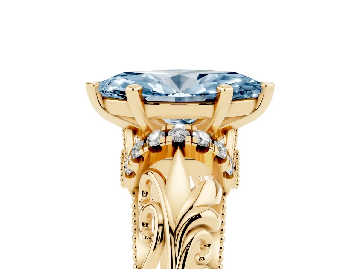 Fancy Blue Marquise Cut Solitaire Filigree Engagement Ring with Halo and Prong Setting Yellow gold