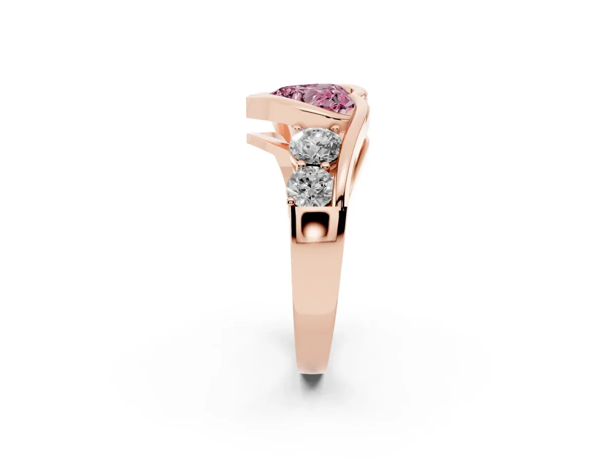 Fancy Pink Bezel Set Heart Cut Diamond Bypass Ring with Round Accents Rose gold