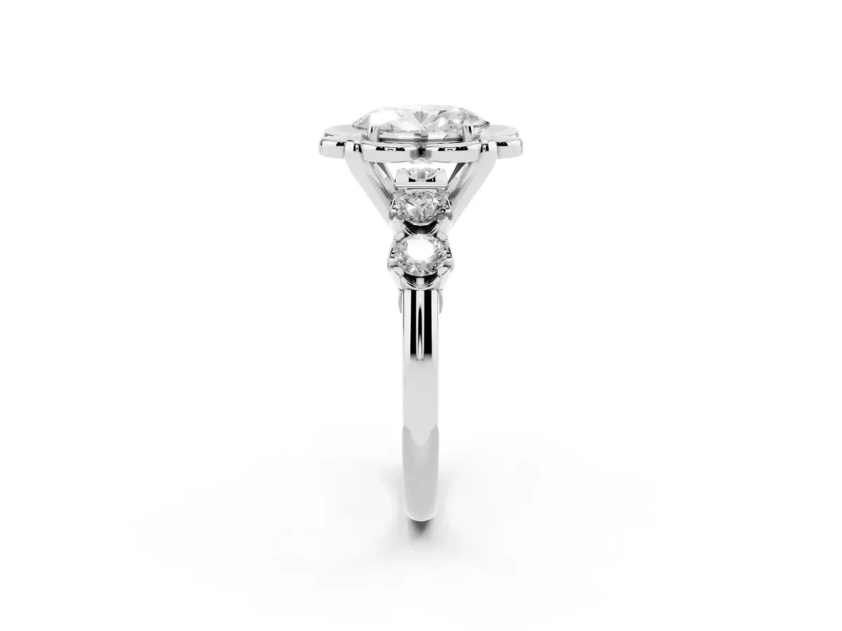 Oval Cut Cut Diamond Floral Halo Engagement Ring with Shared Prong Setting Platinum