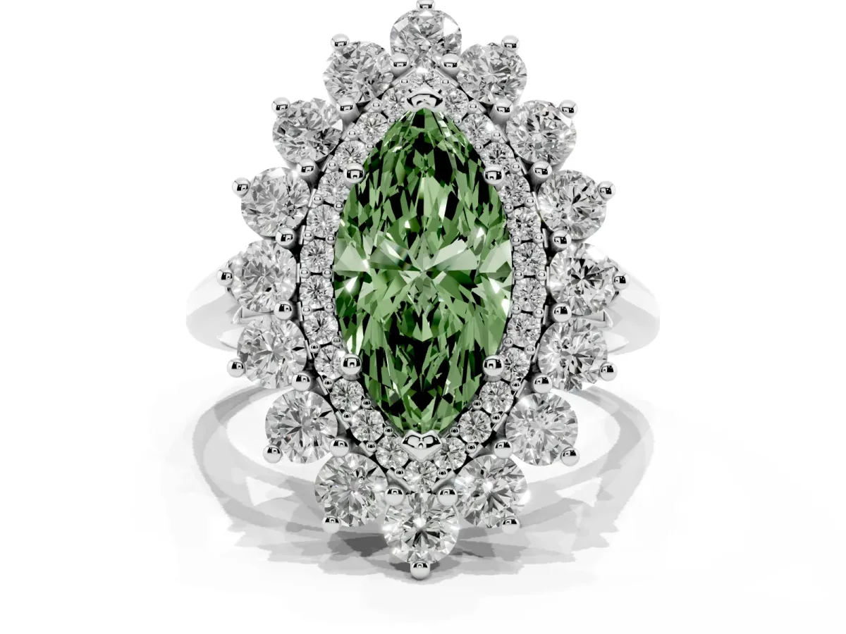 Fancy Green Marquise Cut Diamond Floral Double Halo Engagement Ring with Prong Setting Platinum