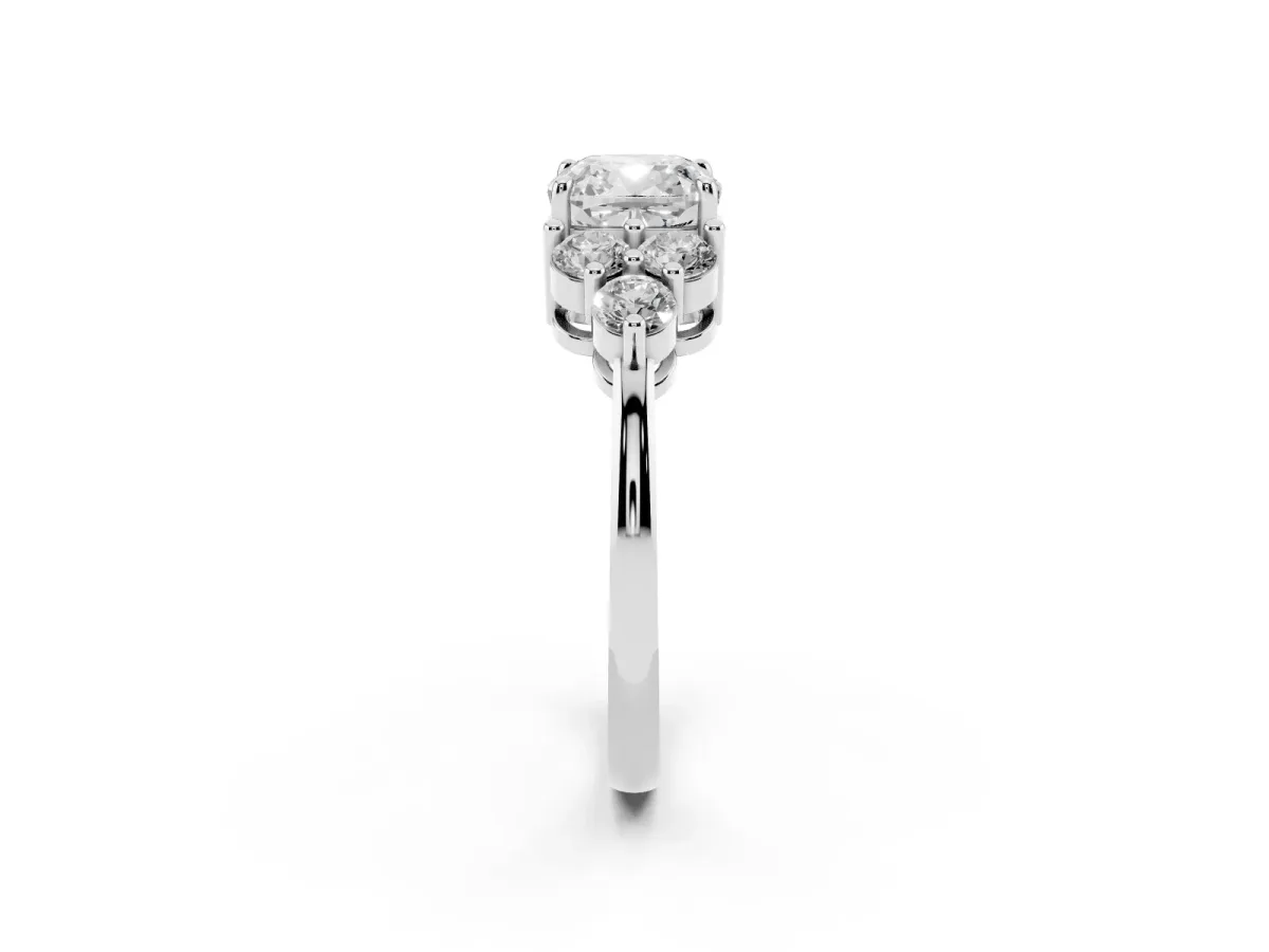 Cushion Cut Brilliant Diamond Cluster Accent Solitaire Ring with Prong Setting White gold