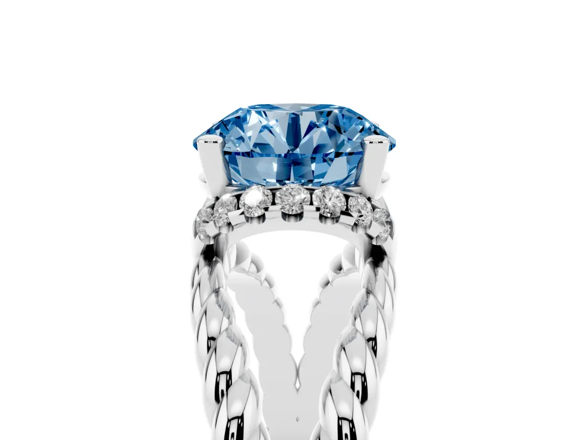 Fancy Blue Round Cut Halo Twisted Band Four-Prong Ring Platinum
