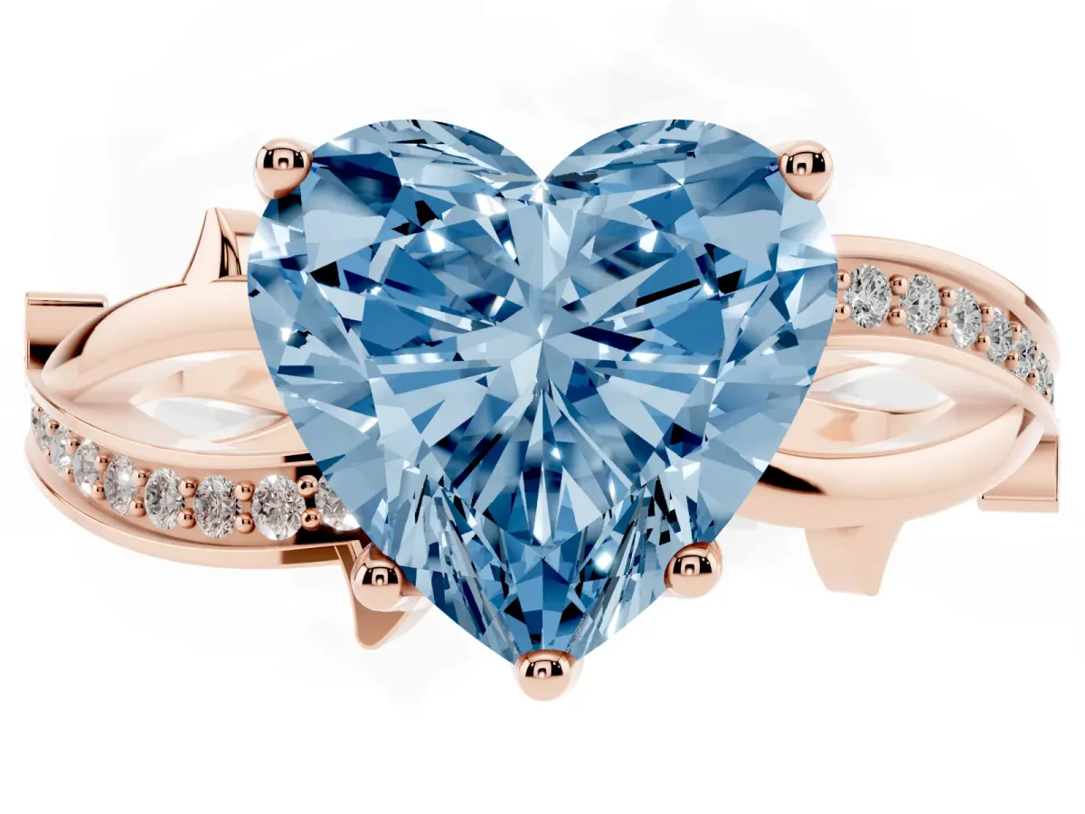 Fancy Blue Heart Cut Solitaire Twist Band with Pavé Accents and Four-Prong Setting Rose gold