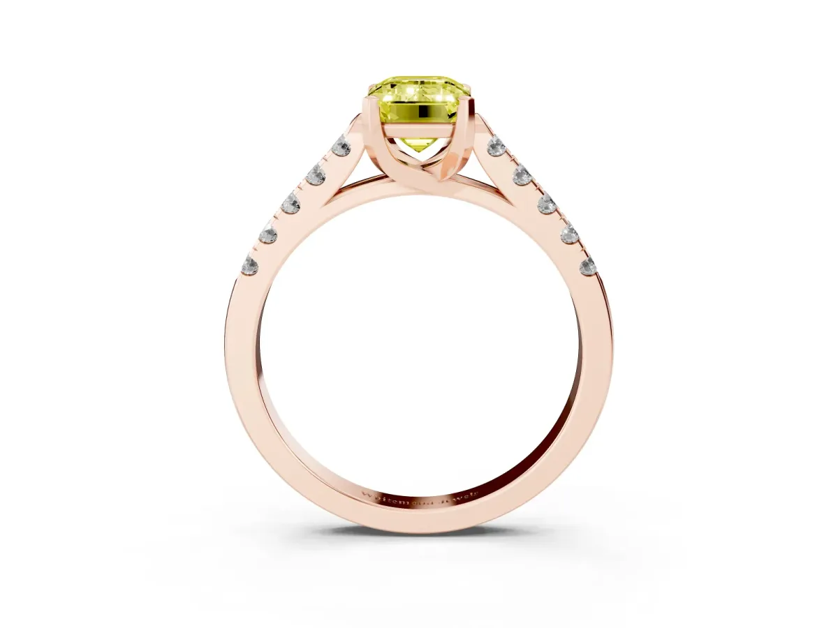 Fancy Yellow Emerald Cut Diamond Pavé Band Solitaire Ring with Prong Setting Rose gold