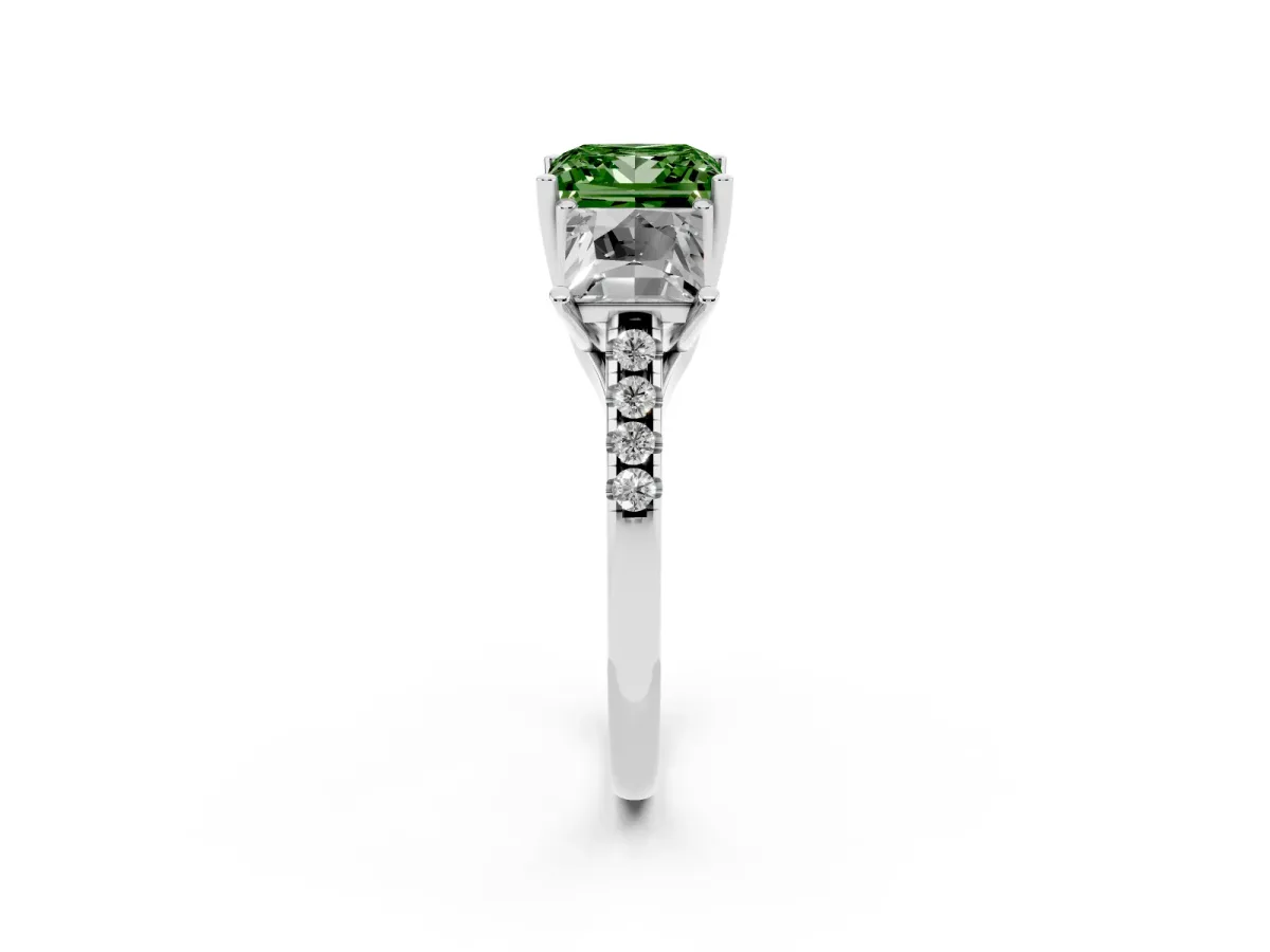 Fancy Green Three-Stone Princess Cut Diamond Ring with Round Pavé Band and Prong Setting Silver