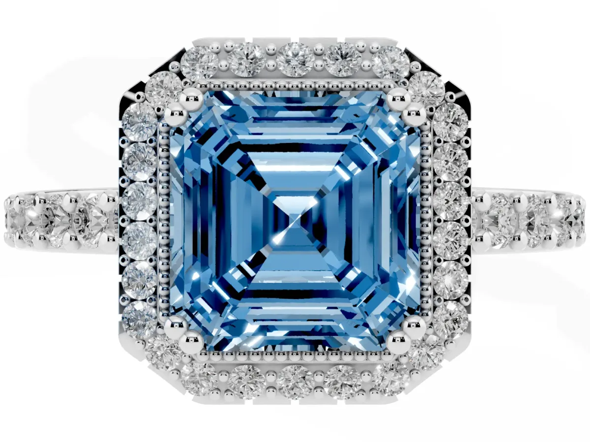 Fancy Blue Asscher Cut Cut Diamond Halo Engagement Ring with Milgrain Detail and Pavé Band White gold