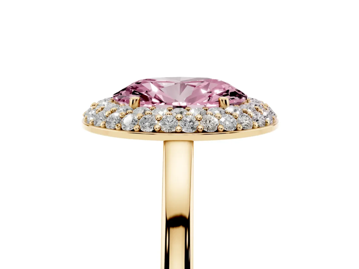 Fancy Pink Oval Cut Halo Diamond Engagement Ring with Solitaire Band and Four-Prong Setting Yellow gold