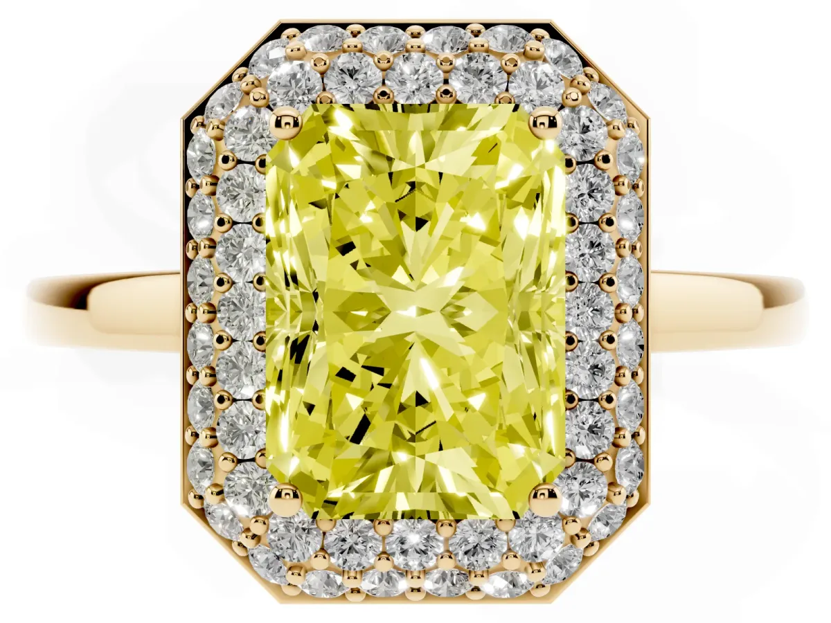 Fancy Yellow Radiant Cut Halo Diamond Engagement Ring with Solitaire Band and Four-Prong Setting Yellow gold