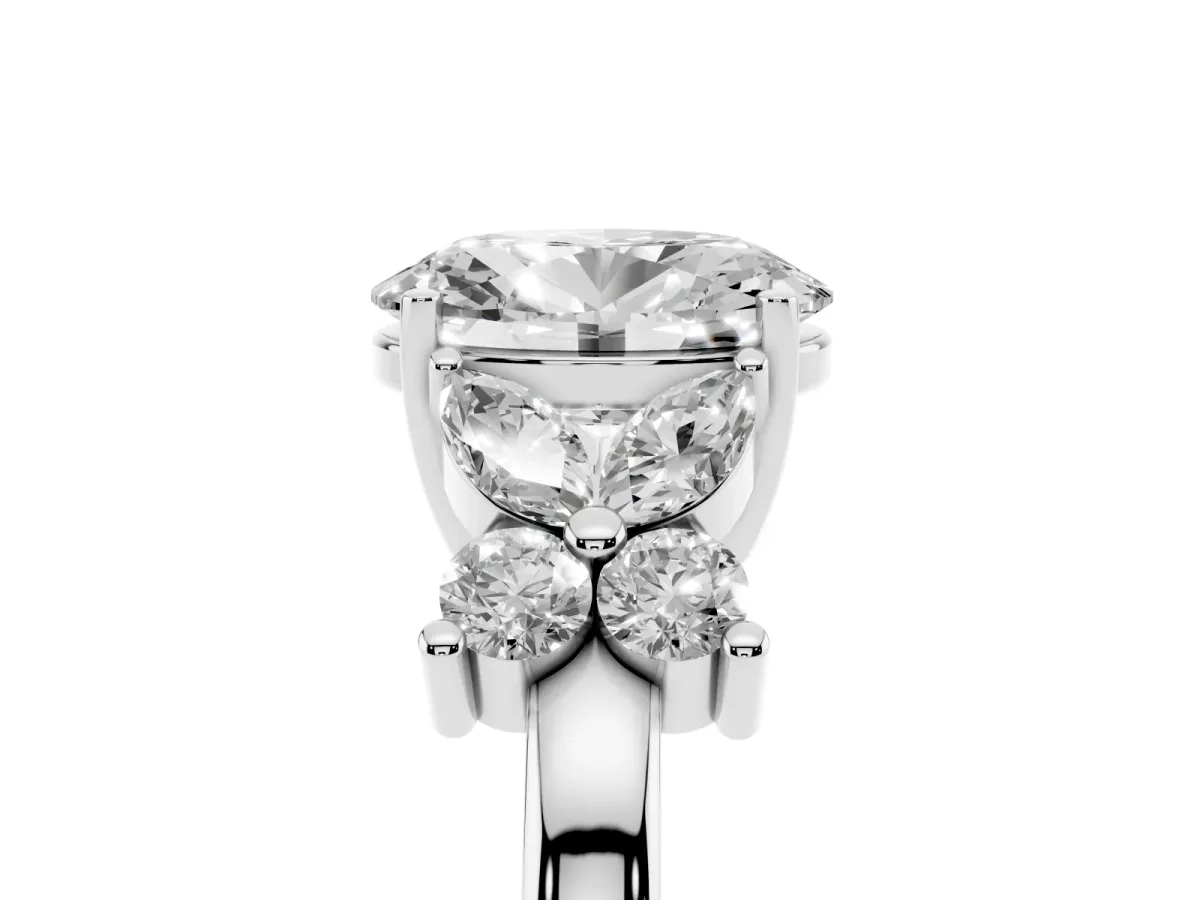 Oval Cut Diamond Floral Cluster Ring with Solitaire Band and Prong Setting Silver