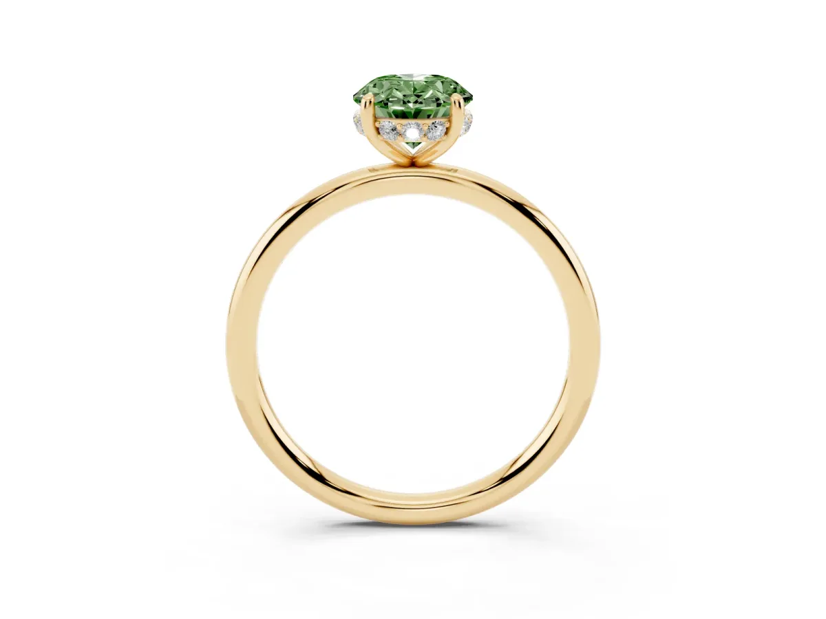 Fancy Green Oval Cut Solitaire Diamond Ring with a Classic Band and Four-Prong Setting Yellow gold