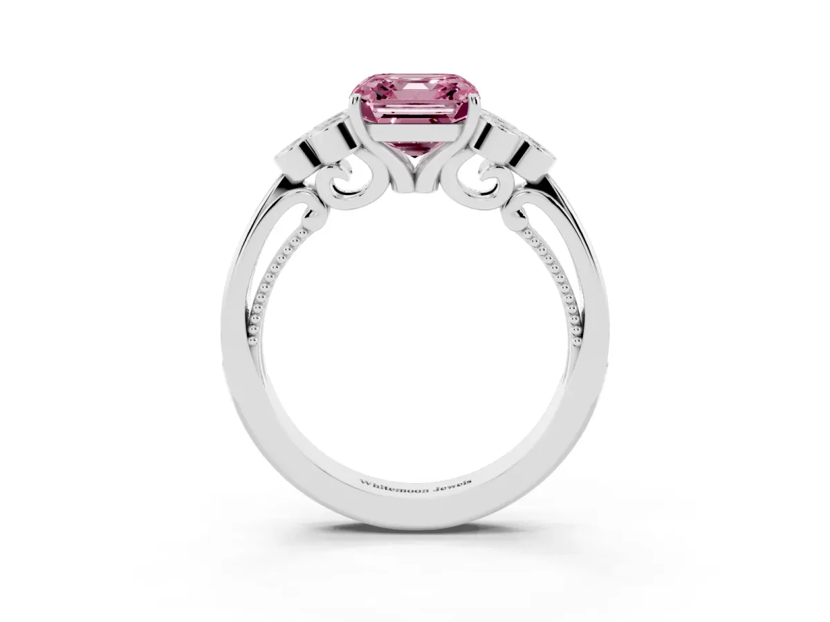 Fancy Pink Asscher Cut Cut Diamond Engagement Ring with Bezel Set Round Side Stones and Prong Setting Platinum