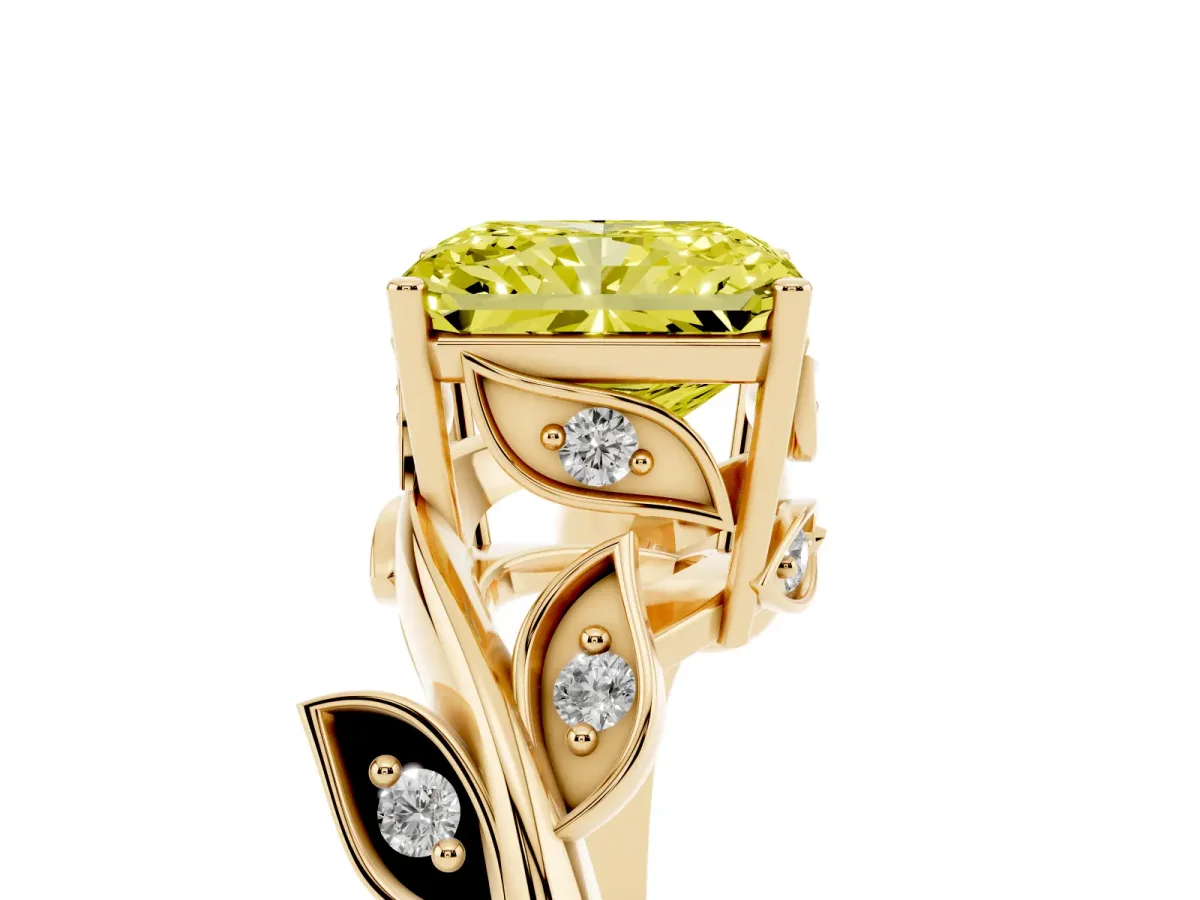 Fancy Yellow Radiant Cut Solitaire Twist Engagement Ring with Leaf Accents and Prong Setting Yellow gold