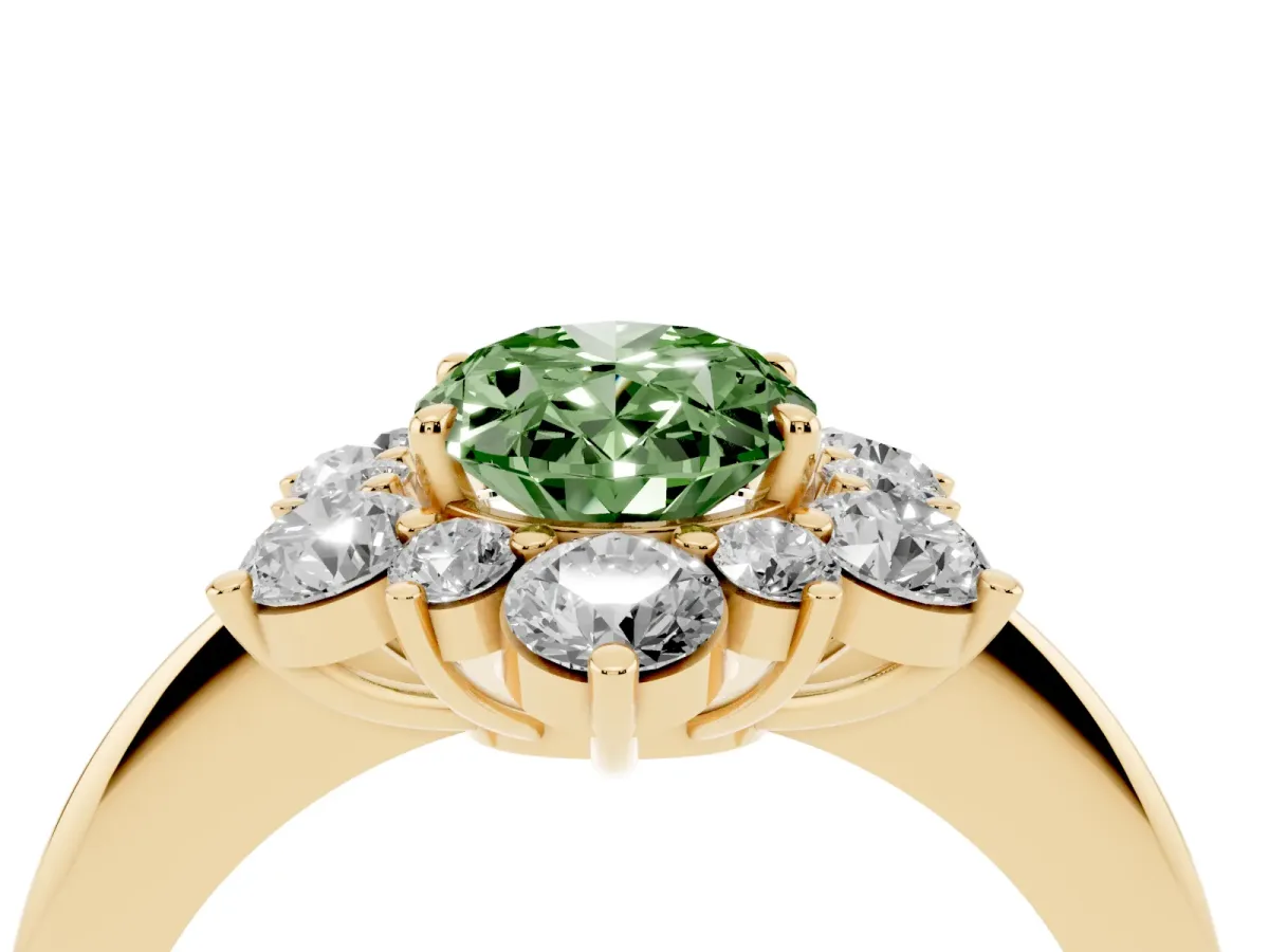 Fancy Green Oval Cut Diamond Cluster Halo Ring with Solitaire Band and Four-Prong Setting Yellow gold
