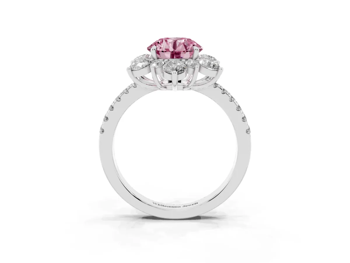Fancy Pink Round Cut Diamond Floral Halo Ring with Round Pavé Band and Prong Setting Platinum