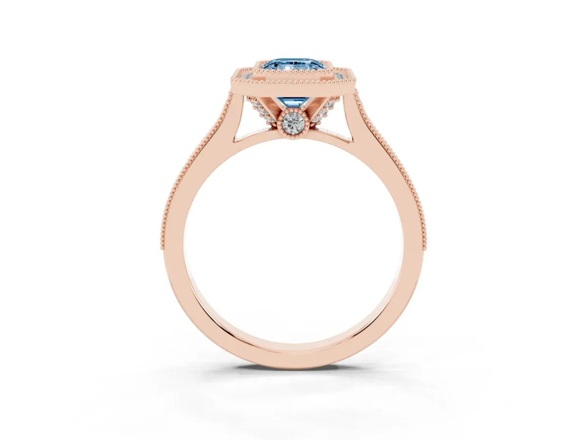 Fancy Blue Halo Emerald Cut-Cut Diamond Pave Band Milgrain Prong Setting Ring Rose gold