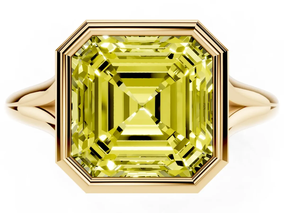 Fancy Yellow Bezel Set Asscher Cut Cut Solitaire Ring with Tapered Band Yellow gold