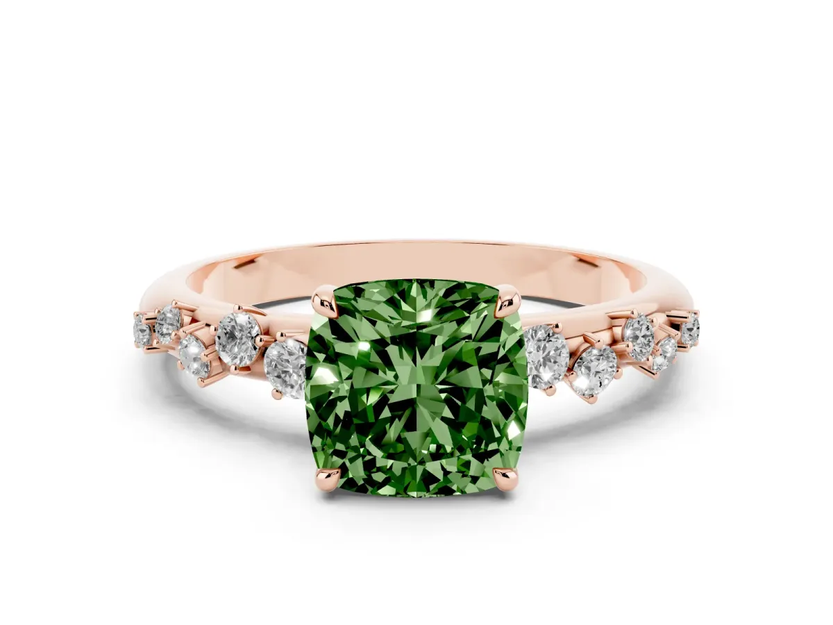 Fancy Green Cushion Cut Diamond Cluster Prong-Set Solitaire Ring Rose gold