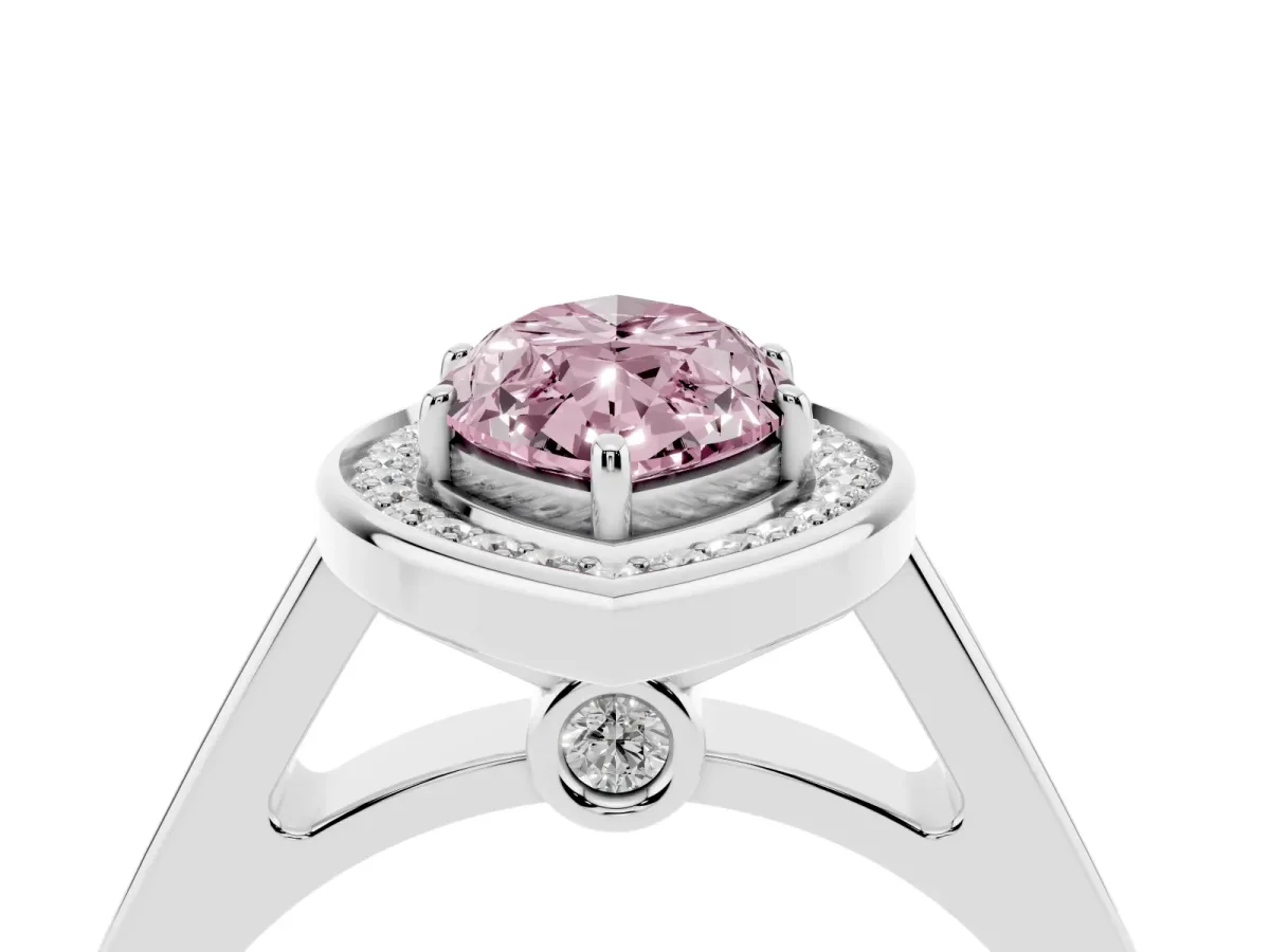 Fancy Pink Marquise Cut Halo Solitaire Diamond Ring with Pave Band and Bezel Setting White gold